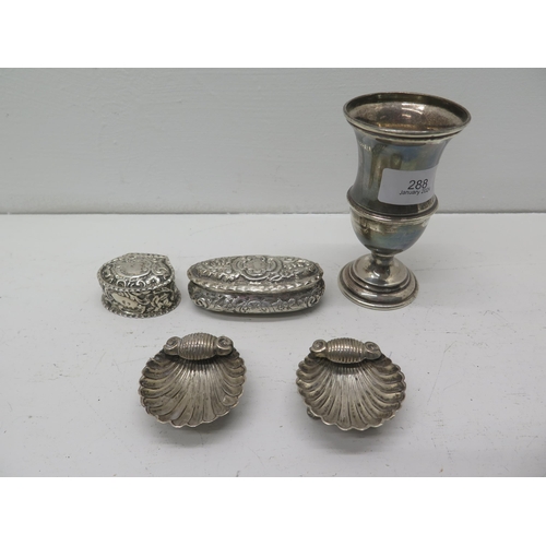 288 - Two Victorian silver boxes, a pair of silver salts and a silver Christening cup - approx total weigh... 