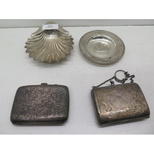 291 - A silver Armada tray, a silver scalloped tray, a silver cigarette case and a silver purse - all hall... 