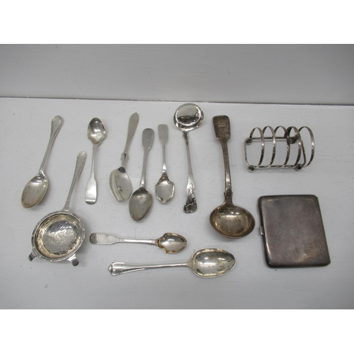 296 - Assorted silver items, two silver ladles, tea strainer, cigarette and spoons, toast rack, approx 15 ... 