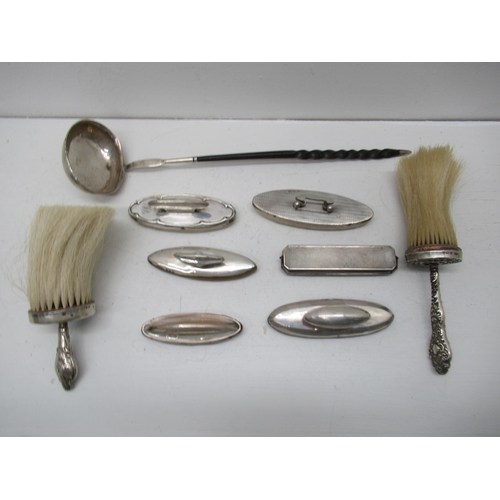 303 - Silver items including a horn handled ladle, 2 brushes and 6 nail buffers