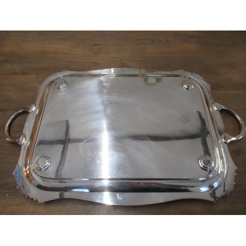 308 - Two Sheffield silver plate trays - larger oval shaped with pierced gallery approx 61cm x 41cm