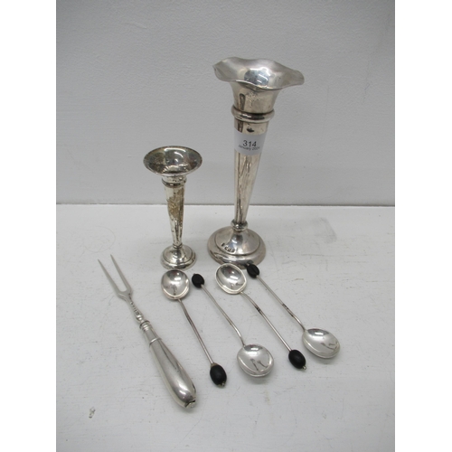 314 - Silver items to include - Two posy vases and coffee bean spoons