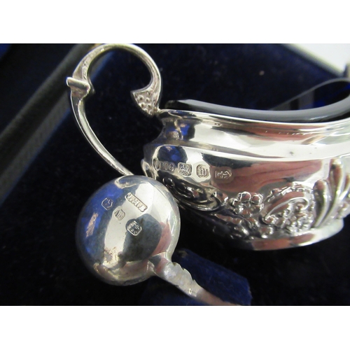 316 - A boxed pair of silver salts - John Millward Banks, Birmingham 1896 - with matching spoons and blue ... 