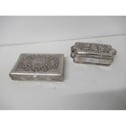 317 - A Persian/Indian silver box, finely chased decoration - 14cm x 9cm together with another 14cm x 7cm ... 