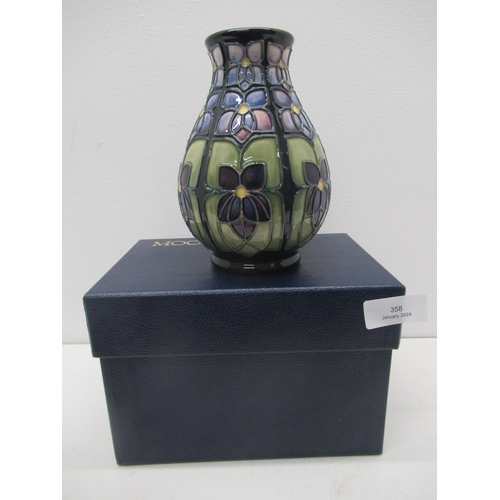 358 - A Moorcroft Violets vase, boxed, good condition