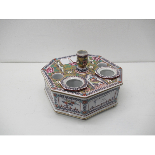 368 - A Dresden porcelain inkwell, gilt and hand painted, mark to base, approx 18cm