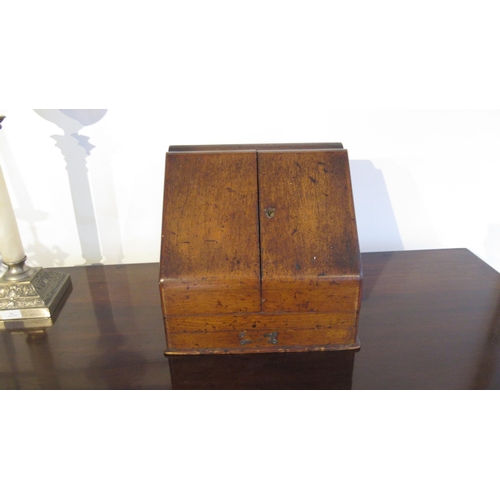 370 - An oak writing box with internal calendar etc - approx 30cm x 29cm x 22cm