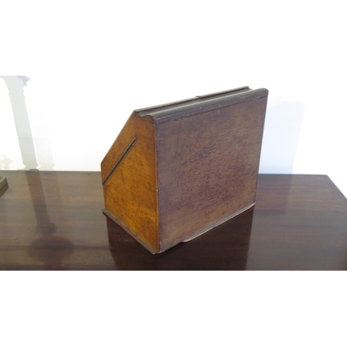 370 - An oak writing box with internal calendar etc - approx 30cm x 29cm x 22cm