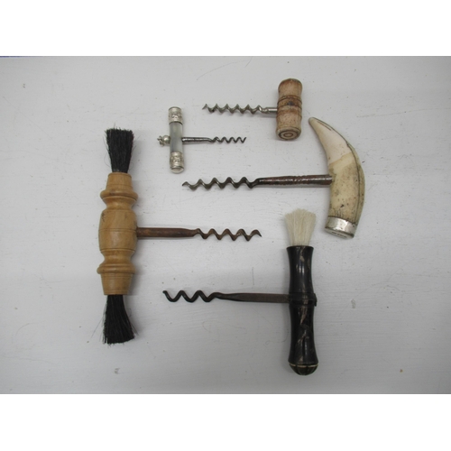 376 - Five corkscrews including a silver mounted bone and mother of pearl