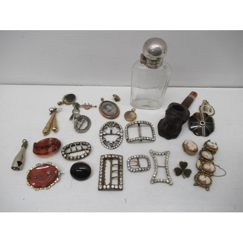 378 - Assorted items to include buckles, brooches, pipe, cut glass bottle etc.