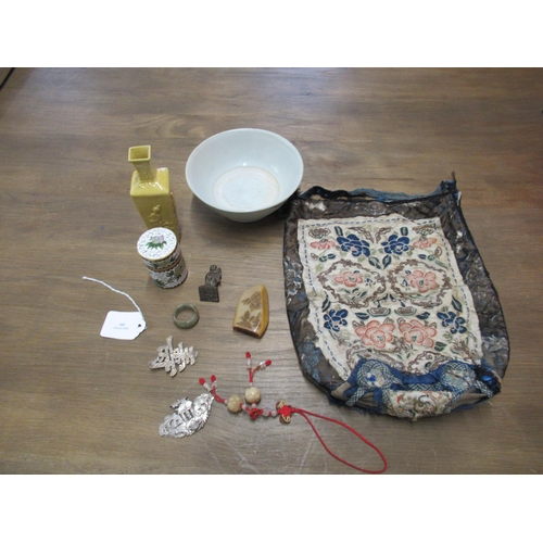 395 - Oriental items to include white metal brooches, yellow ground vase 13cm, a cloisonne box and cover a... 