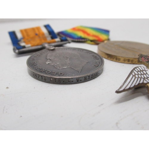 448 - WWI medal pair - Victory and War Medal, 24715 PTE A.V. Stone, East Surrey Reg, together with an enam... 