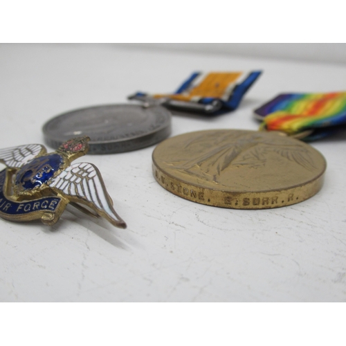 448 - WWI medal pair - Victory and War Medal, 24715 PTE A.V. Stone, East Surrey Reg, together with an enam... 