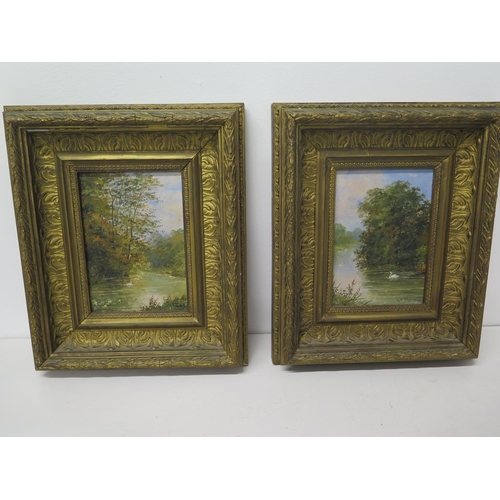 471 - F.M. Edmonds - A pair of gilt framed oil on canvas swans on a river - both signed to lower right - f... 