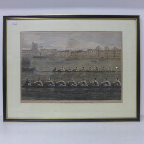 563 - Three framed prints - The Oxford Cambridge Boat Race - one coloured and one International University... 