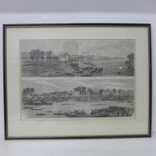 563 - Three framed prints - The Oxford Cambridge Boat Race - one coloured and one International University... 