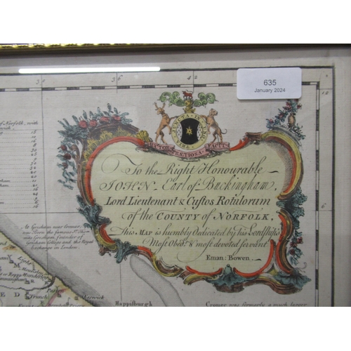 635 - An Accurate Map of the County of Norfolk by Eman Bowen dated 1749, hand coloured - 55cm x 74cm - fra... 