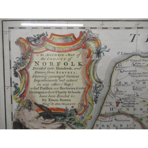 635 - An Accurate Map of the County of Norfolk by Eman Bowen dated 1749, hand coloured - 55cm x 74cm - fra... 