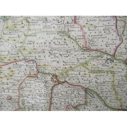 635 - An Accurate Map of the County of Norfolk by Eman Bowen dated 1749, hand coloured - 55cm x 74cm - fra... 