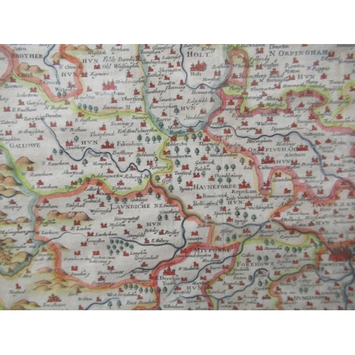 636 - A 17th century map of 'Norfolk A Countie Florishing & Populous Described and Divided with the Armes ... 