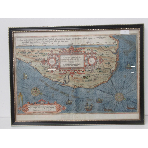 637 - A rare 16th century copper engraved and hand colour map of The East Anglia Coast - Lucas Ionnes Auri... 