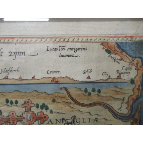 637 - A rare 16th century copper engraved and hand colour map of The East Anglia Coast - Lucas Ionnes Auri... 