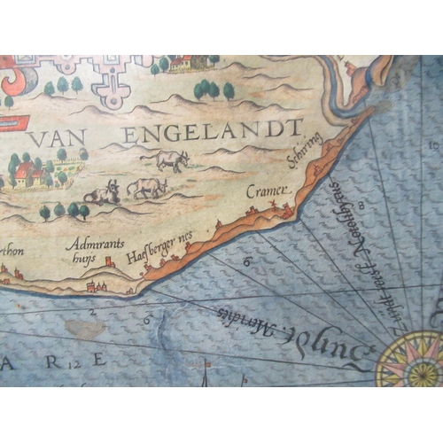 637 - A rare 16th century copper engraved and hand colour map of The East Anglia Coast - Lucas Ionnes Auri... 