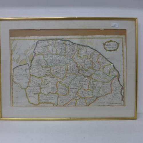 638 - A framed and glazed colored map of Norfolk by Robert Morden from the 1695 or later edition of Camden... 