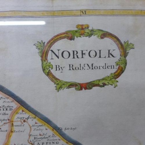 638 - A framed and glazed colored map of Norfolk by Robert Morden from the 1695 or later edition of Camden... 