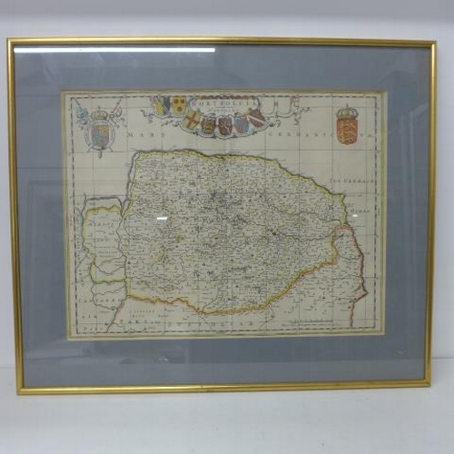 638 - A framed and glazed colored map of Norfolk by Robert Morden from the 1695 or later edition of Camden... 