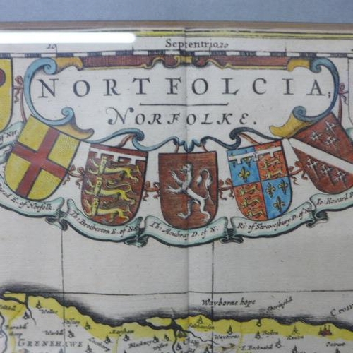 638 - A framed and glazed colored map of Norfolk by Robert Morden from the 1695 or later edition of Camden... 