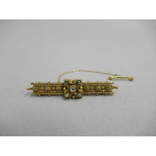 65 - A Victorian 15ct yellow gold (hallmarked) Etruscan bar brooch with pearls and diamond - 4.5cm, appro... 