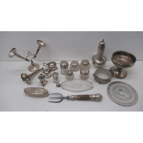 289 - Assorted silver items - cut glass bottles, condiments, coaster, sugar sifter etc