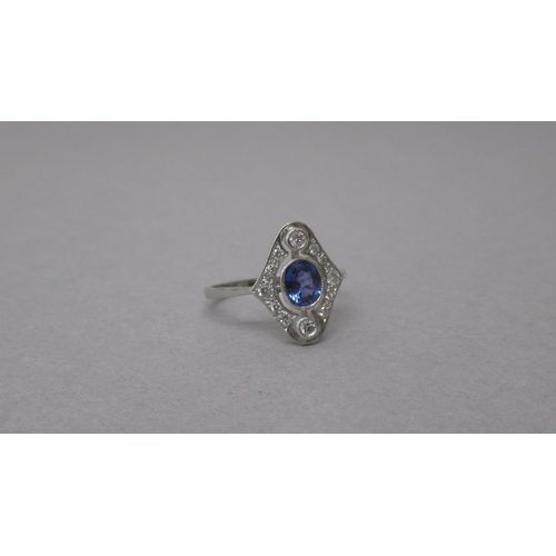 103 - A platinum Art Deco style sapphire and diamond ring - head size approx 15mm x 12mm - ring size appro... 