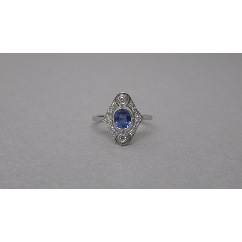 103 - A platinum Art Deco style sapphire and diamond ring - head size approx 15mm x 12mm - ring size appro... 