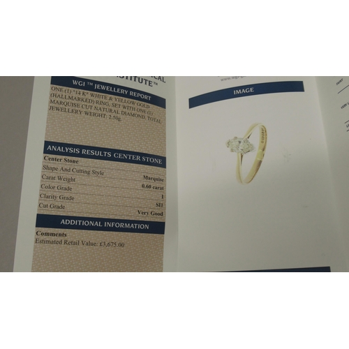 93 - A certificated 14ct yellow and white gold marquise-cut diamond solitaire ring - Diamond 0.60ct - Cer... 