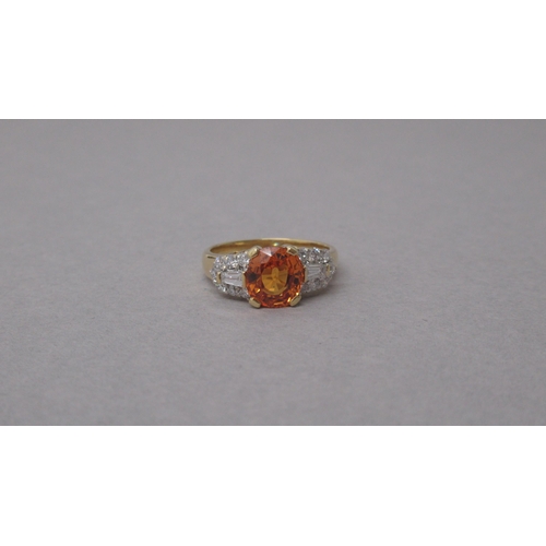 94 - A certificated 18ct yellow gold ring set with round mixed cut natural fancy orange sapphire and diam... 