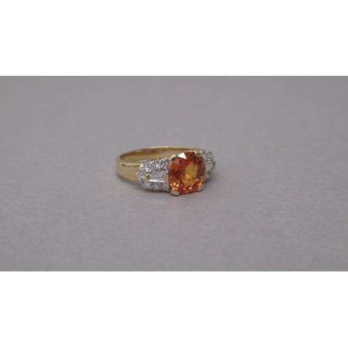 94 - A certificated 18ct yellow gold ring set with round mixed cut natural fancy orange sapphire and diam... 