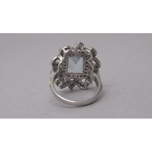 99 - A large silver gilt emerald-cut aquamarine and diamond ring - Aquamarine 4.60ct - Rose-cut diamonds ... 