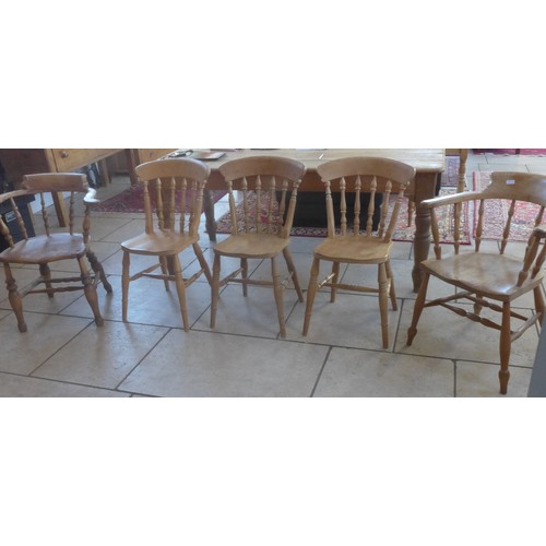 530A - Six Windsor chairs to include two smokers bow armchairs - one needing restoration