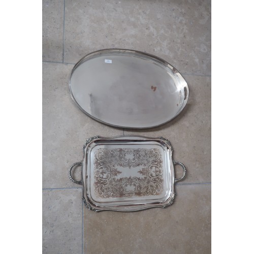 308 - Two Sheffield silver plate trays - larger oval shaped with pierced gallery approx 61cm x 41cm