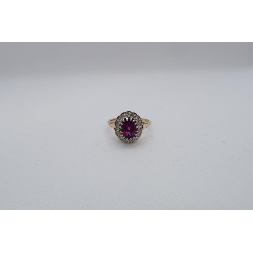 110 - A 9ct yellow and white gold dress ring set with a purplish red rhodolite garnet and a diamond halo, ... 