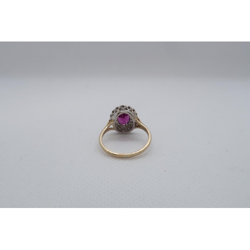 110 - A 9ct yellow and white gold dress ring set with a purplish red rhodolite garnet and a diamond halo, ... 