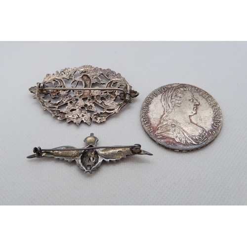 132 - A silver RAF Sweetheart brooch, 6cm, with another silver brooch, 6cm and a Maria Theresa silver Thal... 