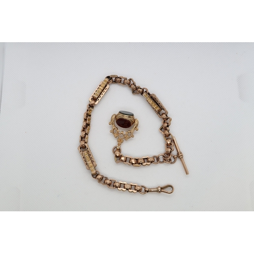 139 - A good 9ct rose gold (hallmarked) watch chain with T bar and swivel fob - 36cm - weight approx 37.5 ... 