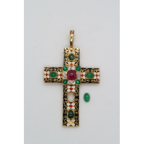 146 - A good, possibly Victorian gold, enamel and gem set cross pendant tested as approx 18ct with ring an... 