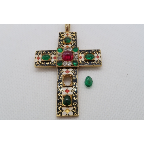 146 - A good, possibly Victorian gold, enamel and gem set cross pendant tested as approx 18ct with ring an... 