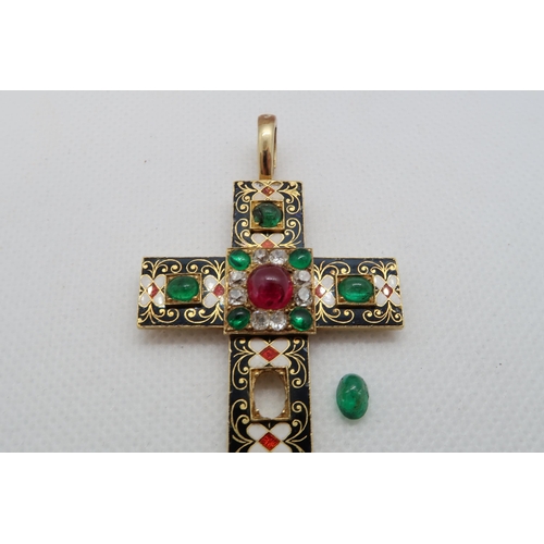 146 - A good, possibly Victorian gold, enamel and gem set cross pendant tested as approx 18ct with ring an... 