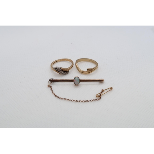 152 - Two 9ct yellow gold (hallmarked) rings and 9ct (hallmarked) and opal bar brooch - approx weight 7.4 ... 