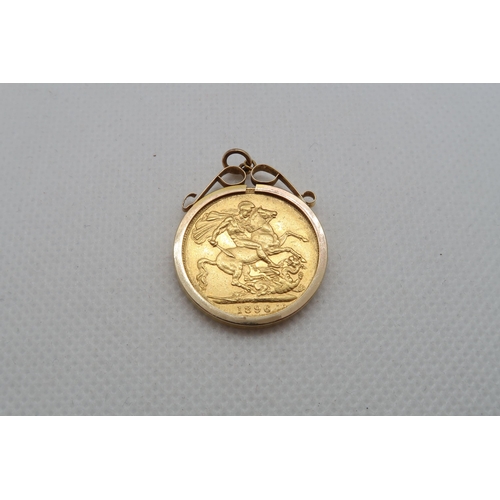 154 - An 1896 gold sovereign set as a pendant in 9ct (hallmarked) yellow gold - approx weight 9.3 grams